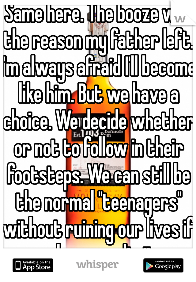 Same here. The booze was the reason my father left. I'm always afraid I'll become like him. But we have a choice. We decide whether or not to follow in their footsteps. We can still be the normal "teenagers" without ruining our lives if we have our limits. 