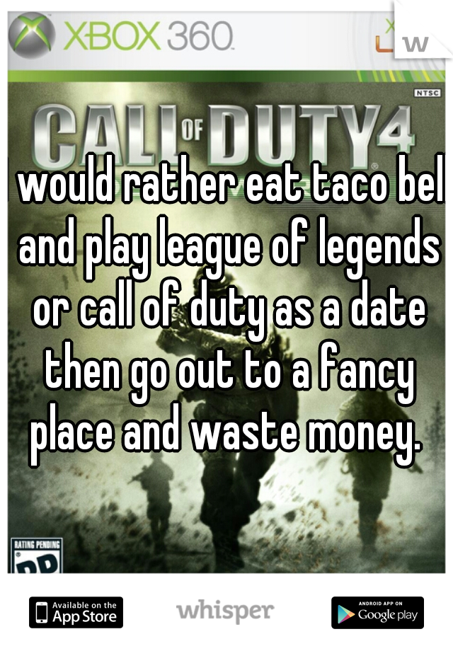 I would rather eat taco bell and play league of legends or call of duty as a date then go out to a fancy place and waste money. 