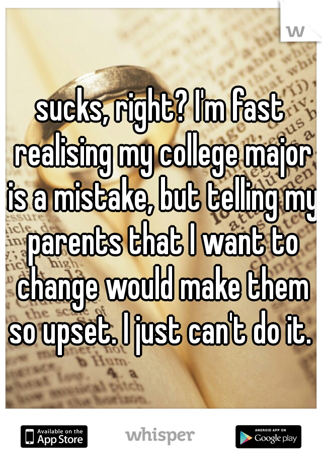 sucks, right? I'm fast realising my college major is a mistake, but telling my parents that I want to change would make them so upset. I just can't do it. 