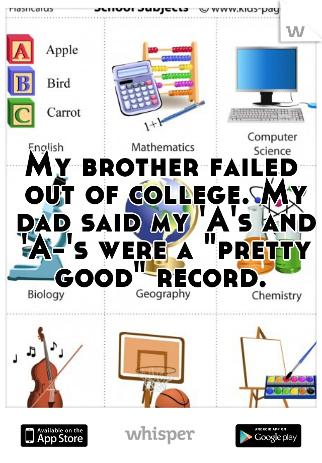 My brother failed out of college. My dad said my 'A's and 'A-'s were a "pretty good" record. 
