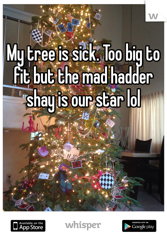 My tree is sick. Too big to fit but the mad hadder shay is our star lol