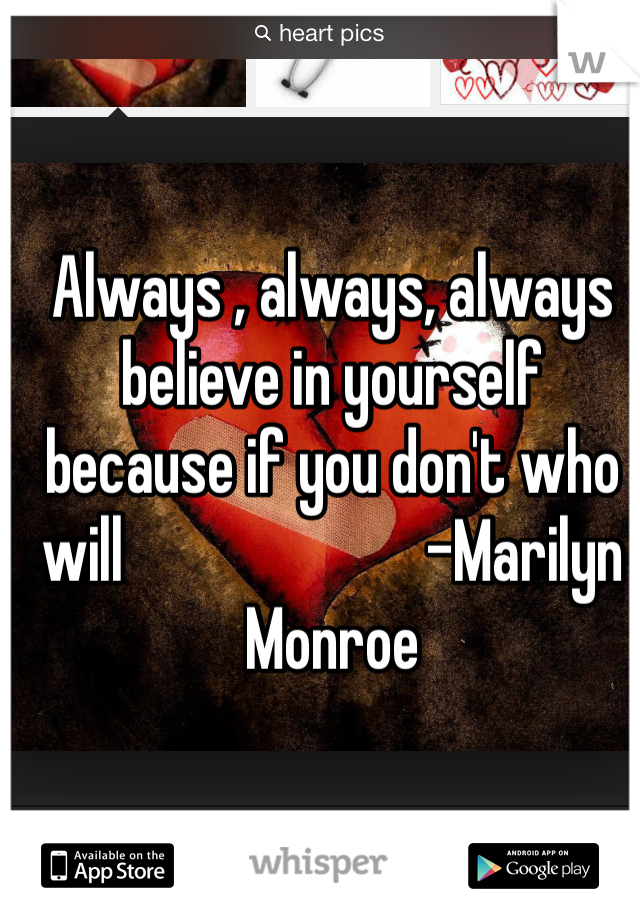 Always , always, always believe in yourself because if you don't who will                        -Marilyn Monroe 