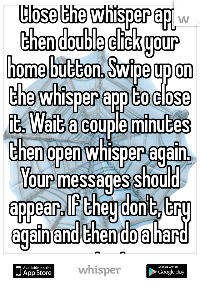 Close the whisper app then double click your home button. Swipe up on the whisper app to close it. Wait a couple minutes then open whisper again. Your messages should appear. If they don't, try again and then do a hard restart