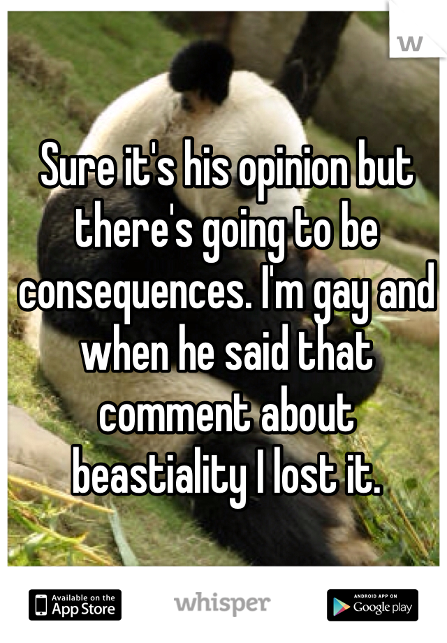 Sure it's his opinion but there's going to be consequences. I'm gay and when he said that comment about beastiality I lost it. 