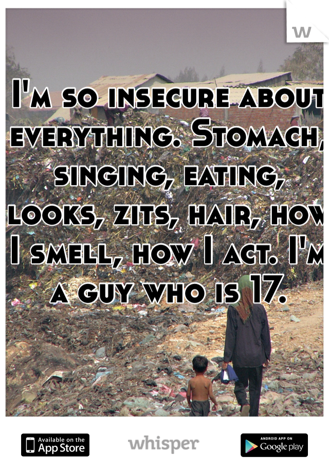 I'm so insecure about everything. Stomach, singing, eating, looks, zits, hair, how I smell, how I act. I'm a guy who is 17.