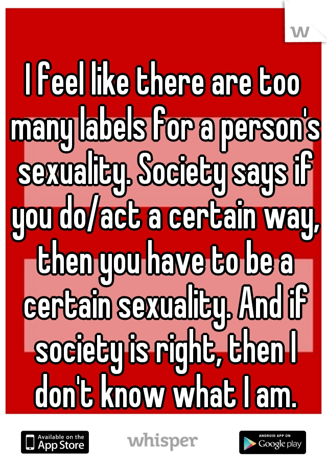 I feel like there are too many labels for a person's sexuality. Society says if you do/act a certain way, then you have to be a certain sexuality. And if society is right, then I don't know what I am.
