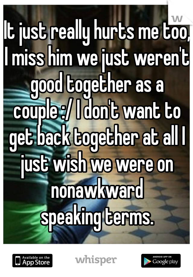 It just really hurts me too, I miss him we just weren't good together as a couple :/ I don't want to get back together at all I just wish we were on nonawkward 
speaking terms.