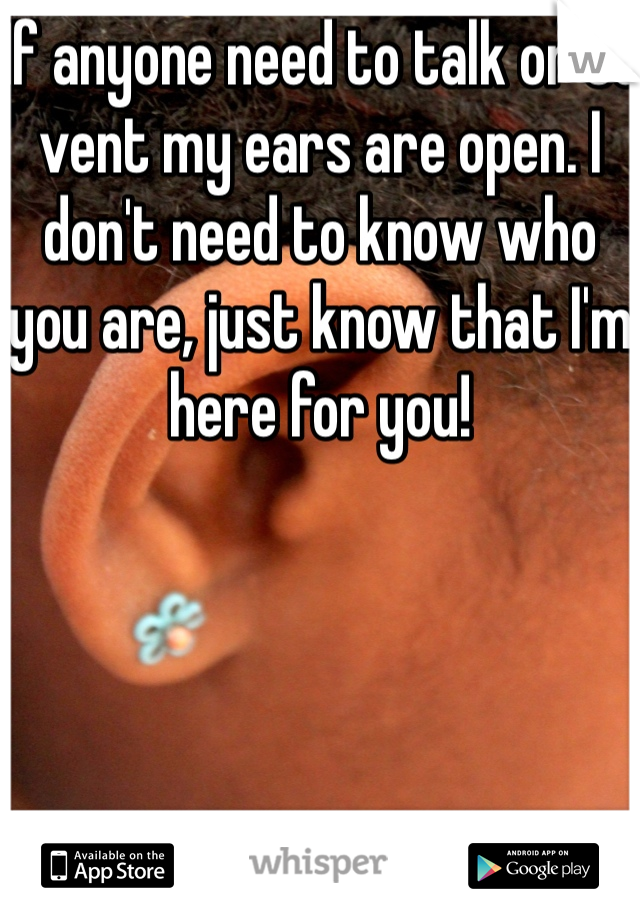 If anyone need to talk or to vent my ears are open. I don't need to know who you are, just know that I'm here for you! 