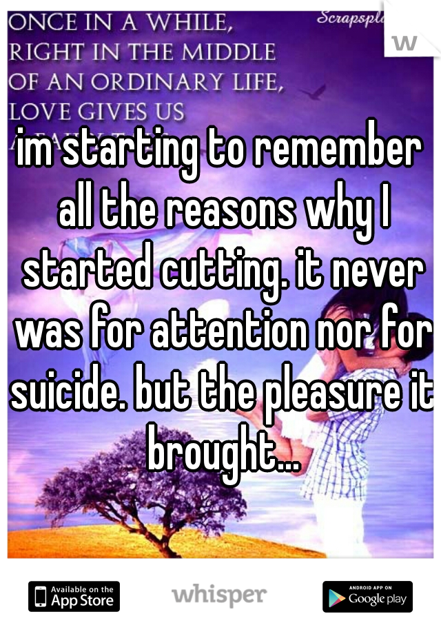 im starting to remember all the reasons why I started cutting. it never was for attention nor for suicide. but the pleasure it brought...