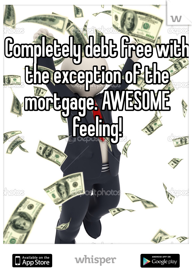 Completely debt free with the exception of the mortgage. AWESOME feeling!