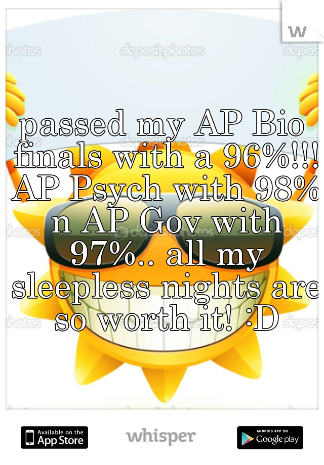 passed my AP Bio finals with a 96%!!! AP Psych with 98% n AP Gov with 97%.. all my sleepless nights are so worth it! :D