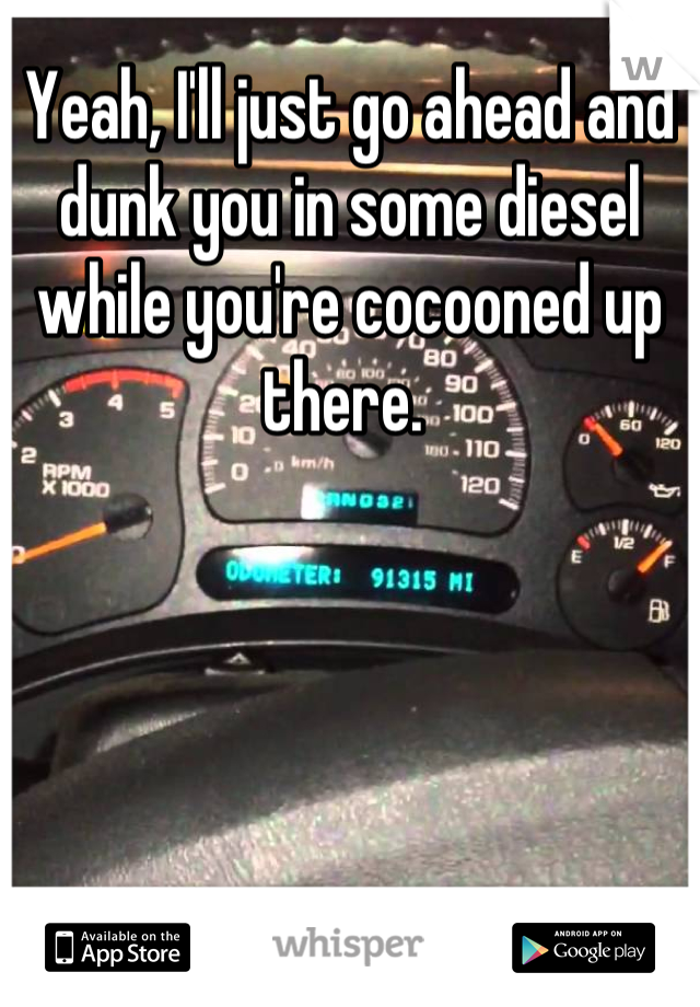 Yeah, I'll just go ahead and dunk you in some diesel while you're cocooned up there. 