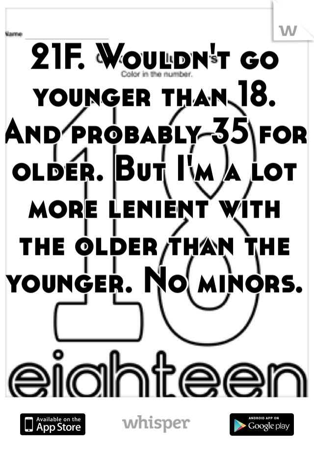 21F. Wouldn't go younger than 18. And probably 35 for older. But I'm a lot more lenient with the older than the younger. No minors.
