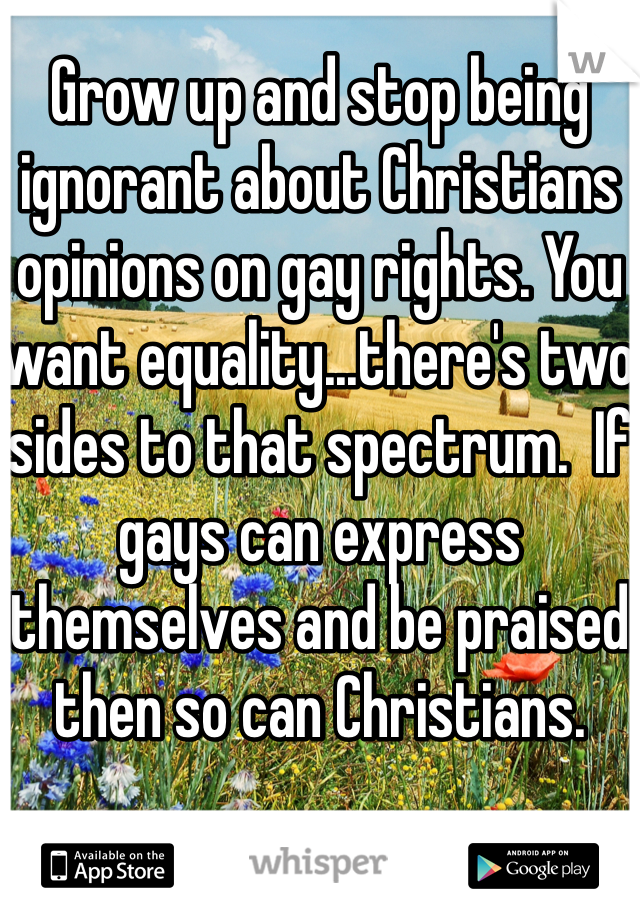 Grow up and stop being ignorant about Christians opinions on gay rights. You want equality...there's two sides to that spectrum.  If gays can express themselves and be praised then so can Christians. 
