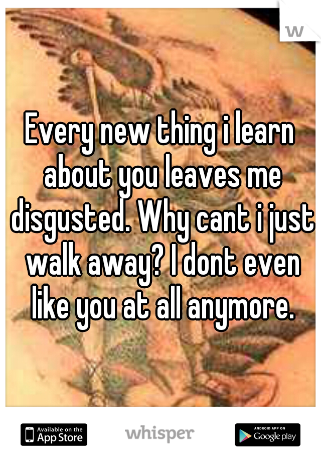 Every new thing i learn about you leaves me disgusted. Why cant i just walk away? I dont even like you at all anymore.