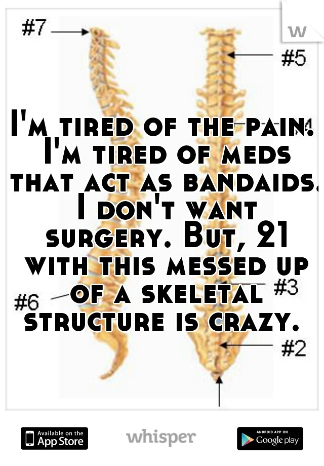 I'm tired of the pain. I'm tired of meds that act as bandaids. I don't want surgery. But, 21 with this messed up of a skeletal structure is crazy. 