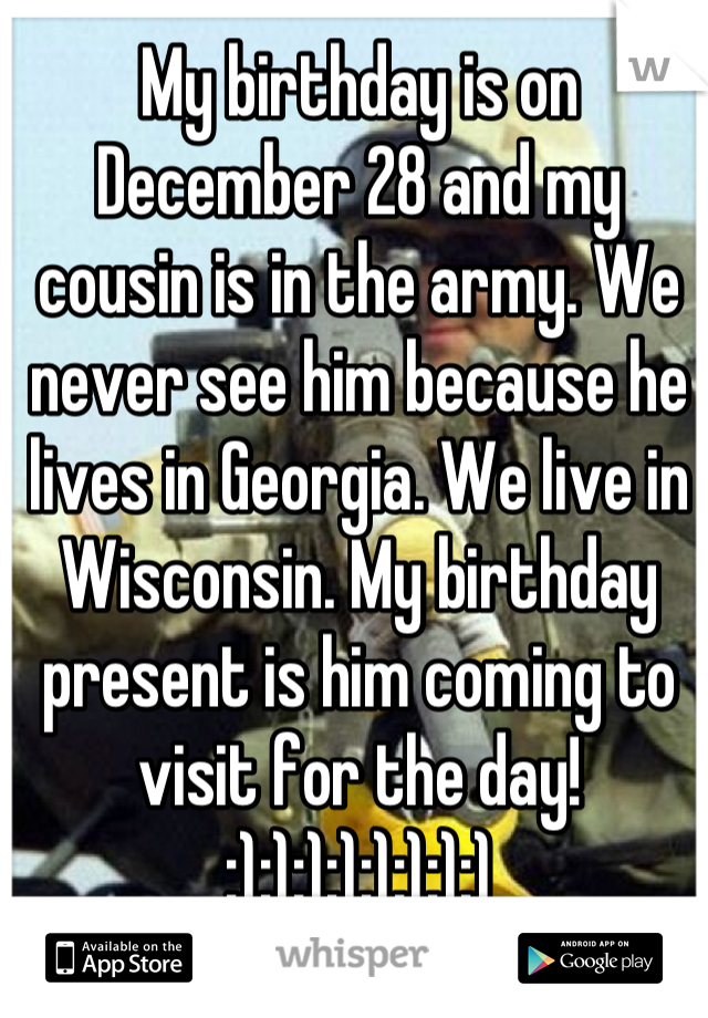 My birthday is on December 28 and my cousin is in the army. We never see him because he lives in Georgia. We live in Wisconsin. My birthday present is him coming to visit for the day! :):):):):):):):)