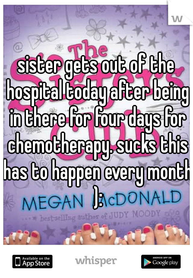 sister gets out of the hospital today after being in there for four days for chemotherapy. sucks this has to happen every month ):