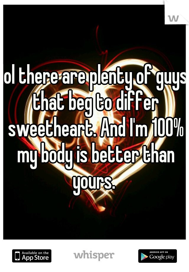lol there are plenty of guys that beg to differ sweetheart. And I'm 100% my body is better than yours. 