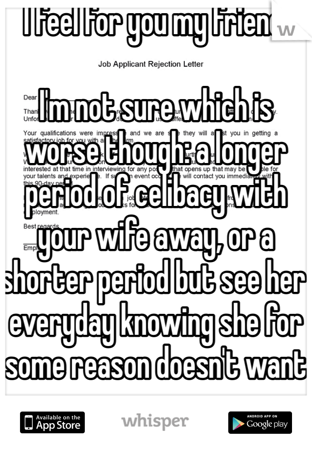 I feel for you my friend. 

I'm not sure which is worse though: a longer period of celibacy with your wife away, or a shorter period but see her everyday knowing she for some reason doesn't want you. 
