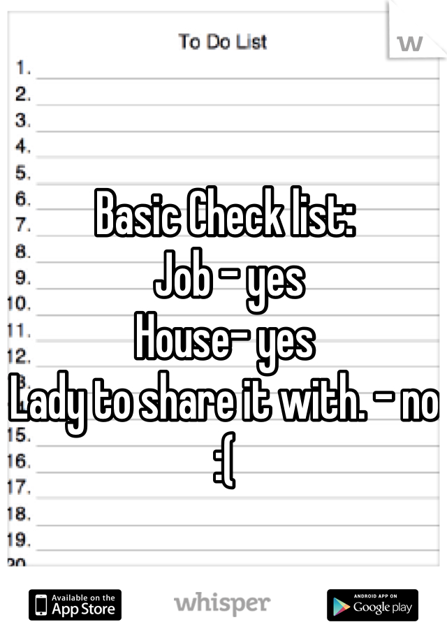 Basic Check list:
 Job - yes
House- yes
Lady to share it with. - no
:(