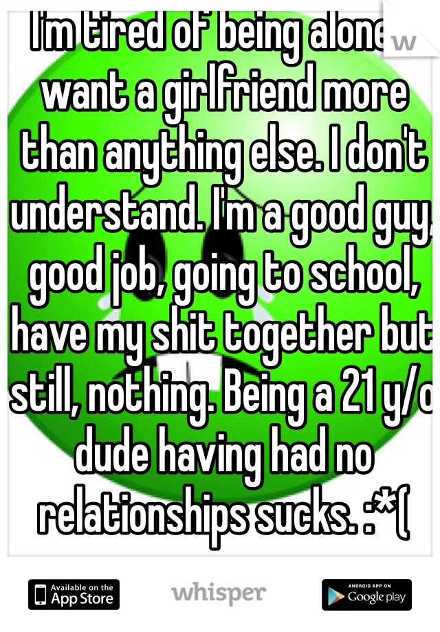I'm tired of being alone. I want a girlfriend more than anything else. I don't understand. I'm a good guy, good job, going to school, have my shit together but still, nothing. Being a 21 y/o dude having had no relationships sucks. :*(