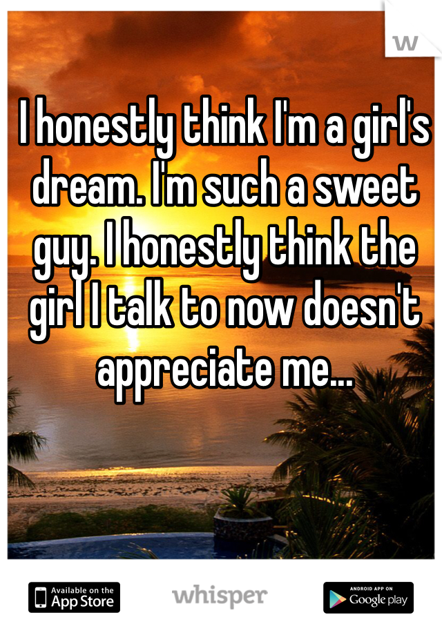 I honestly think I'm a girl's dream. I'm such a sweet guy. I honestly think the girl I talk to now doesn't appreciate me... 