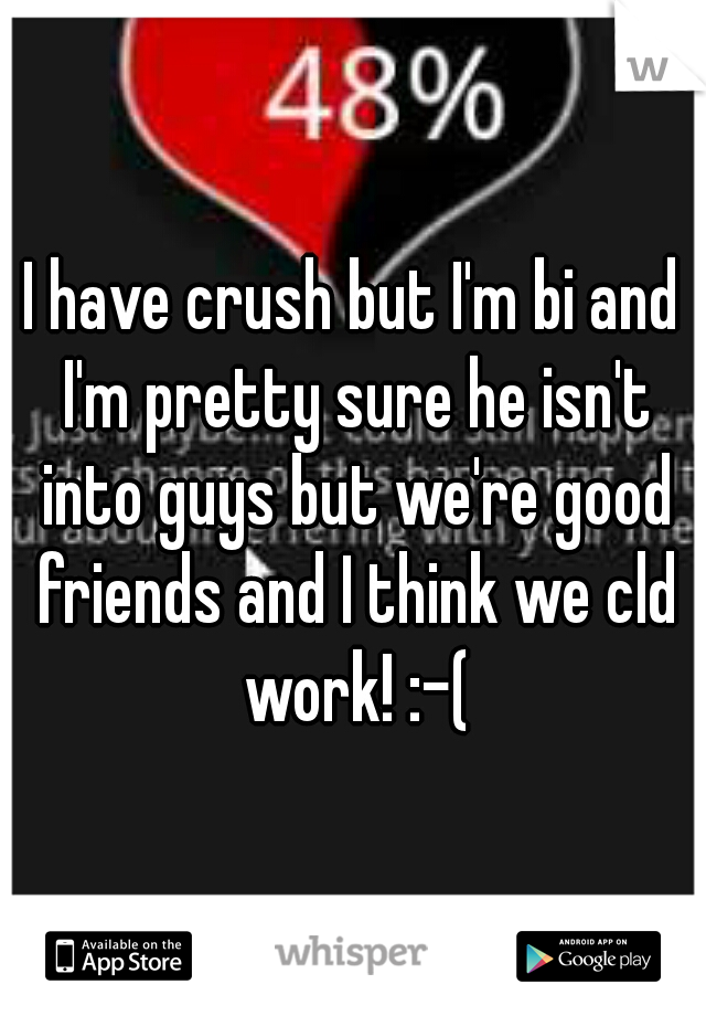 I have crush but I'm bi and I'm pretty sure he isn't into guys but we're good friends and I think we cld work! :-(