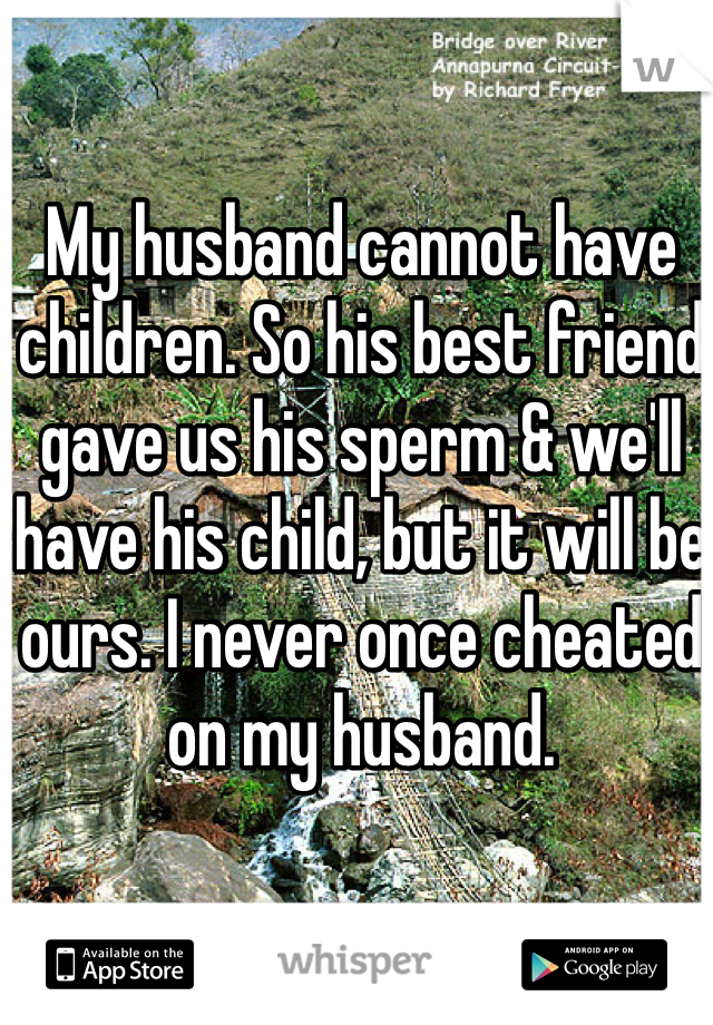 My husband cannot have children. So his best friend gave us his sperm & we'll have his child, but it will be ours. I never once cheated on my husband.
