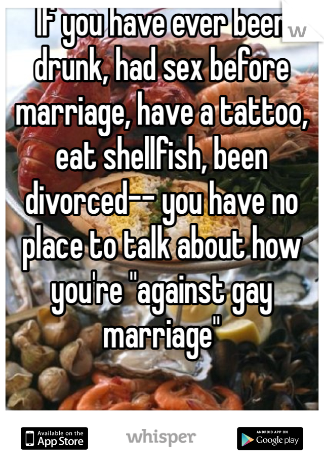 If you have ever been drunk, had sex before marriage, have a tattoo, eat shellfish, been divorced-- you have no place to talk about how you're "against gay marriage"
