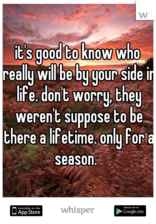 it's good to know who really will be by your side in life. don't worry, they weren't suppose to be there a lifetime. only for a season.  