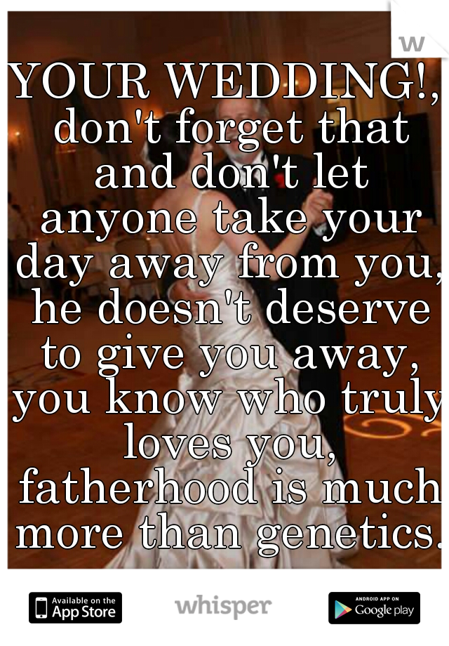 YOUR WEDDING!, don't forget that and don't let anyone take your day away from you, he doesn't deserve to give you away, you know who truly loves you, fatherhood is much more than genetics..