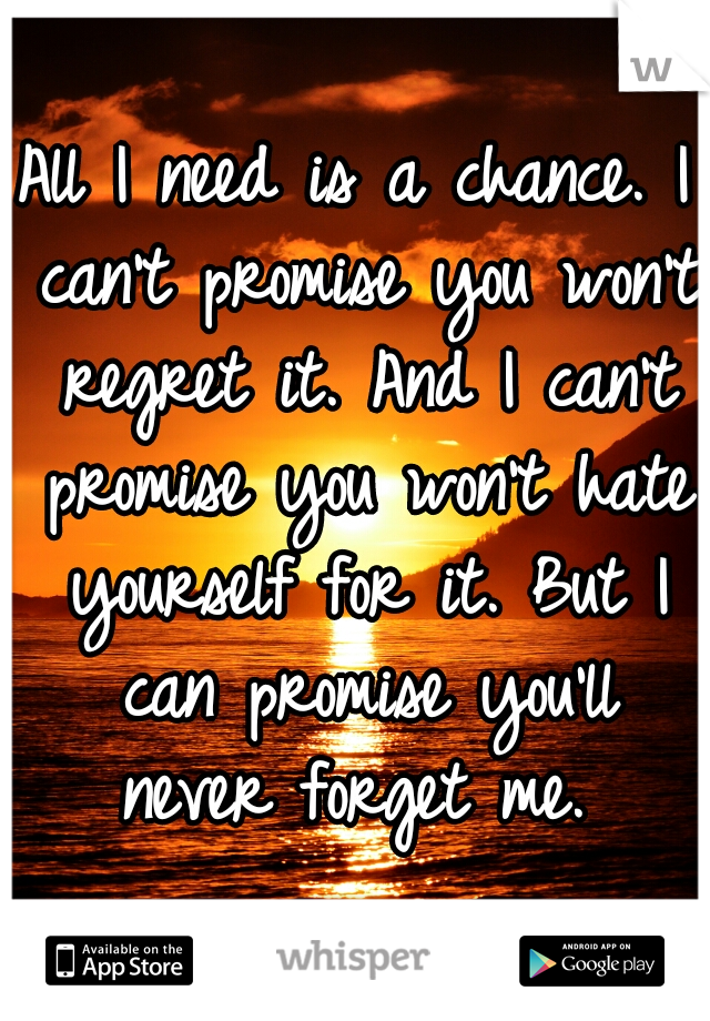 All I need is a chance. I can't promise you won't regret it. And I can't promise you won't hate yourself for it. But I can promise you'll never forget me. 