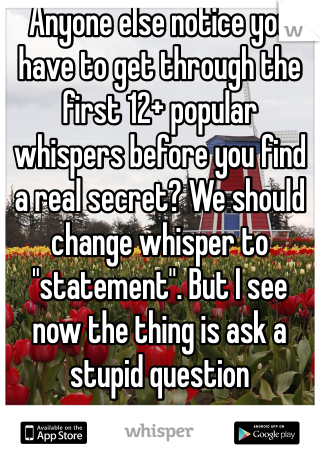 Anyone else notice you have to get through the first 12+ popular whispers before you find a real secret? We should change whisper to "statement". But I see now the thing is ask a stupid question 