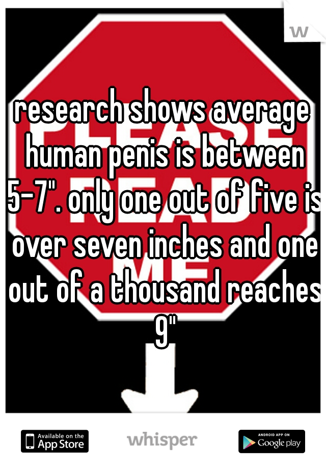 research shows average human penis is between 5-7". only one out of five is over seven inches and one out of a thousand reaches 9"