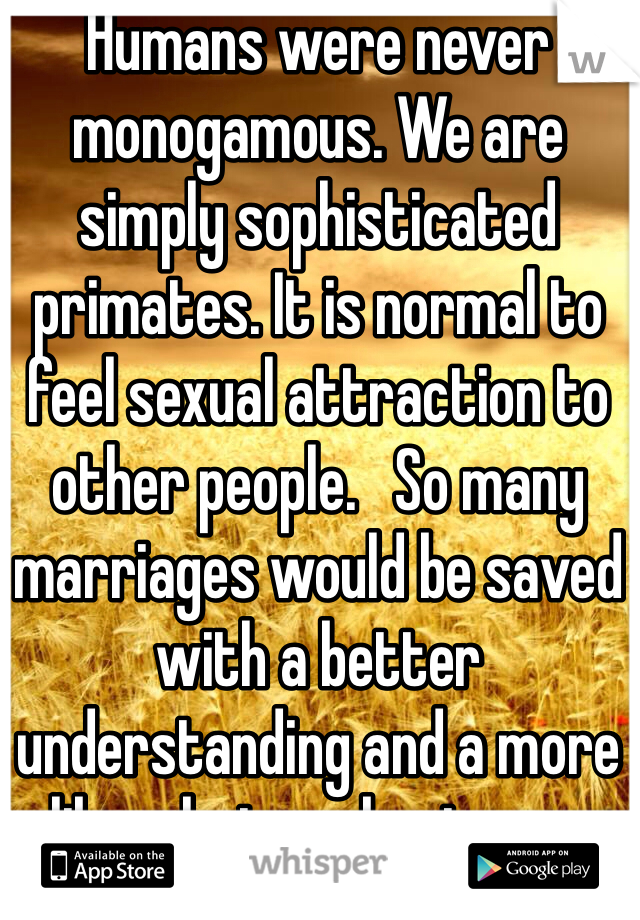 Humans were never monogamous. We are simply sophisticated primates. It is normal to feel sexual attraction to other people.   So many marriages would be saved with a better understanding and a more liberal view about sex .
