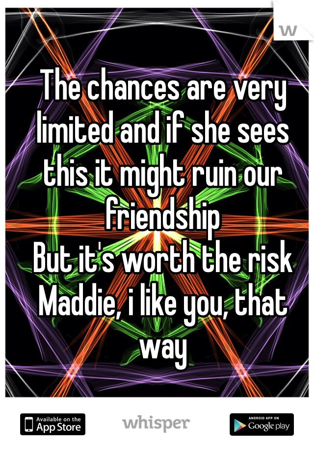 The chances are very limited and if she sees this it might ruin our friendship
But it's worth the risk
Maddie, i like you, that way
