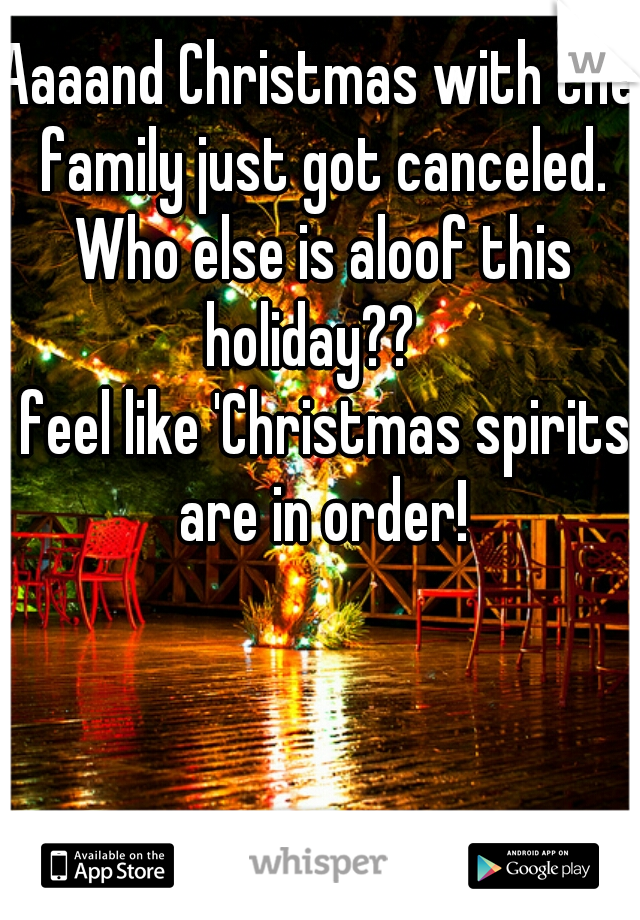 Aaaand Christmas with the family just got canceled. Who else is aloof this holiday??  

I feel like 'Christmas spirits' are in order!