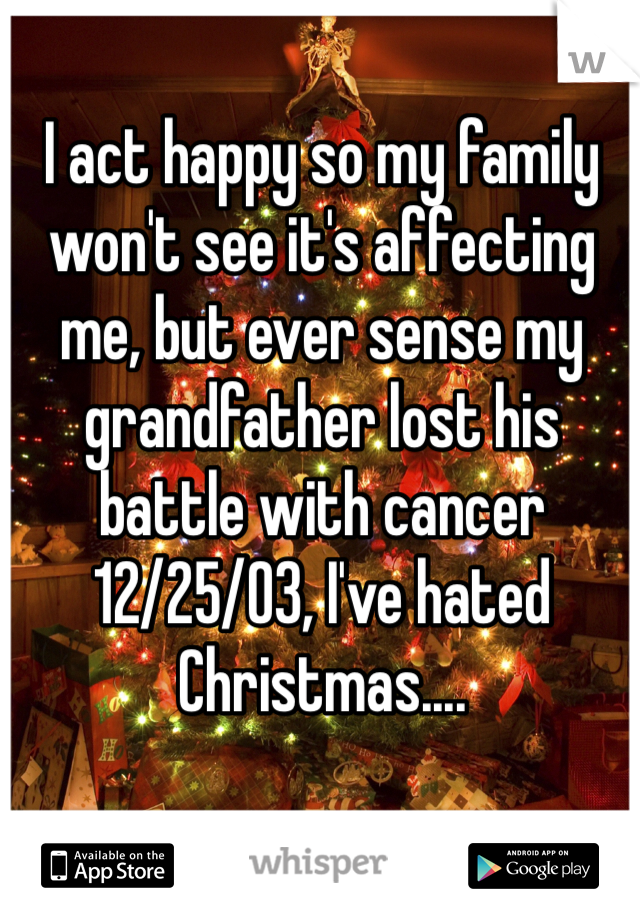 I act happy so my family won't see it's affecting me, but ever sense my grandfather lost his battle with cancer 12/25/03, I've hated Christmas....