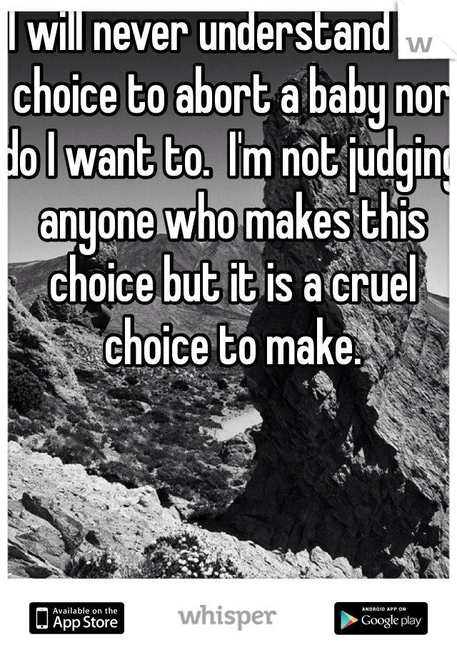 I will never understand the choice to abort a baby nor do I want to.  I'm not judging anyone who makes this choice but it is a cruel choice to make.