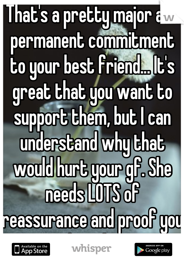 That's a pretty major and permanent commitment to your best friend... It's great that you want to support them, but I can understand why that would hurt your gf. She needs LOTS of reassurance and proof you care about her too. 