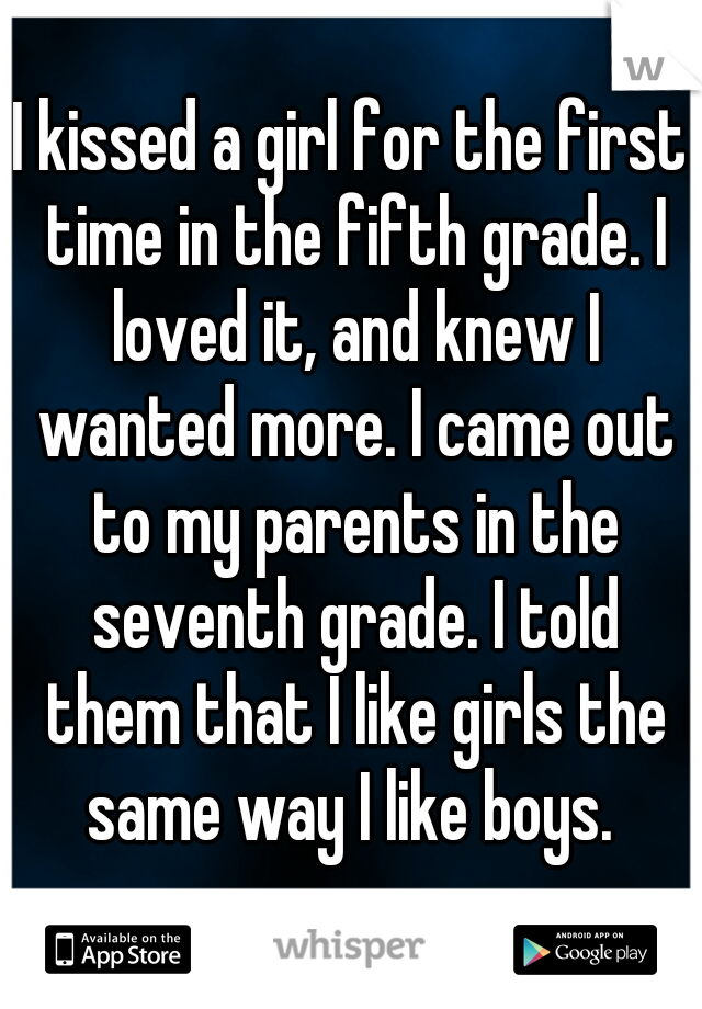 I kissed a girl for the first time in the fifth grade. I loved it, and knew I wanted more. I came out to my parents in the seventh grade. I told them that I like girls the same way I like boys. 