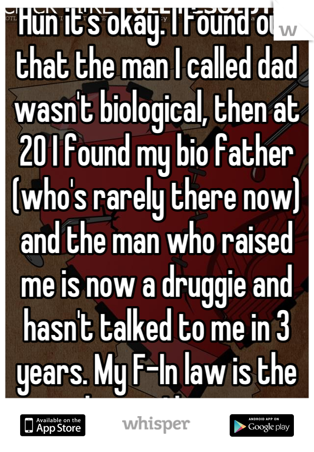 Hun it's okay. I found out that the man I called dad wasn't biological, then at 20 I found my bio father (who's rarely there now) and the man who raised me is now a druggie and hasn't talked to me in 3 years. My F-In law is the closest I have. 