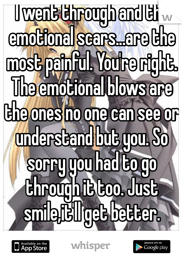 I went through and the emotional scars...are the most painful. You're right. The emotional blows are the ones no one can see or understand but you. So sorry you had to go through it too. Just smile,it'll get better.