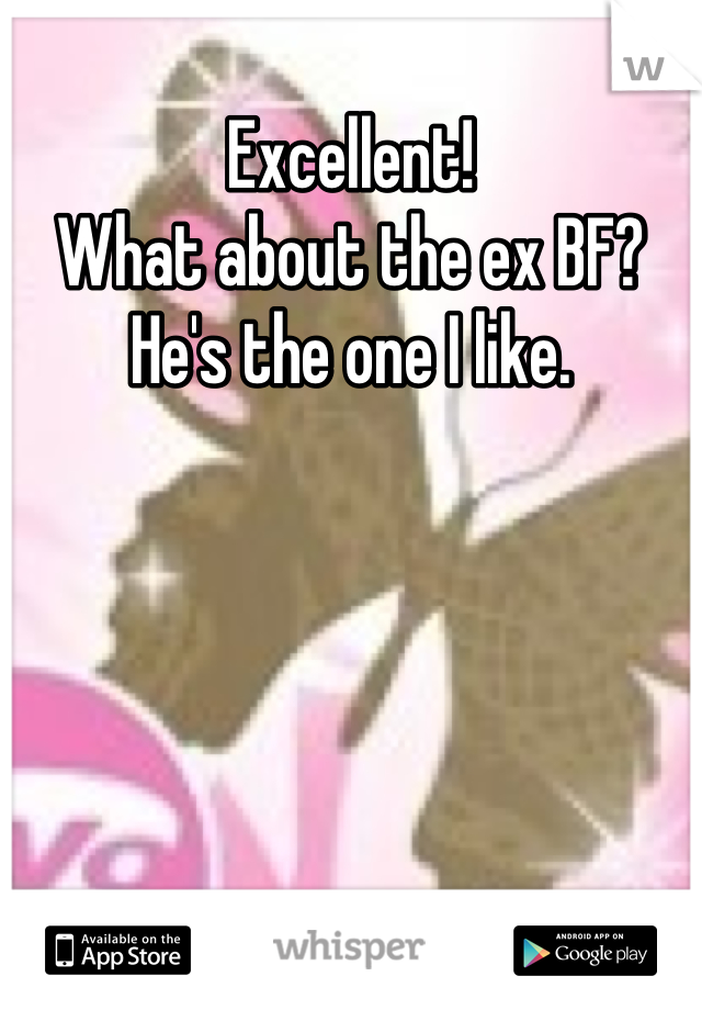 Excellent! 
What about the ex BF?
He's the one I like.