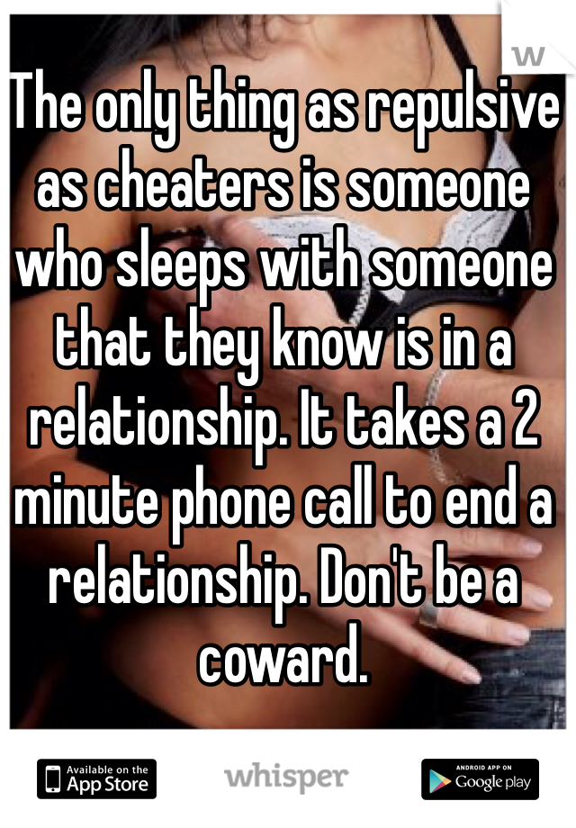 The only thing as repulsive as cheaters is someone who sleeps with someone that they know is in a relationship. It takes a 2 minute phone call to end a relationship. Don't be a coward. 