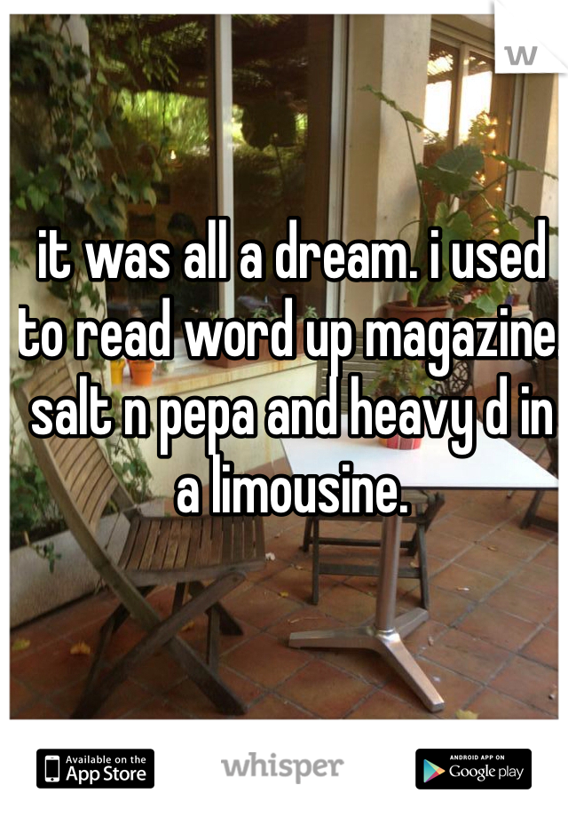 it was all a dream. i used to read word up magazine. salt n pepa and heavy d in a limousine.