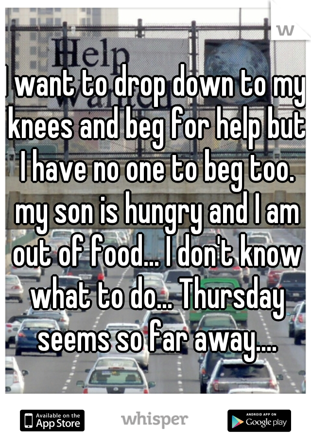 I want to drop down to my knees and beg for help but I have no one to beg too. my son is hungry and I am out of food... I don't know what to do... Thursday seems so far away....