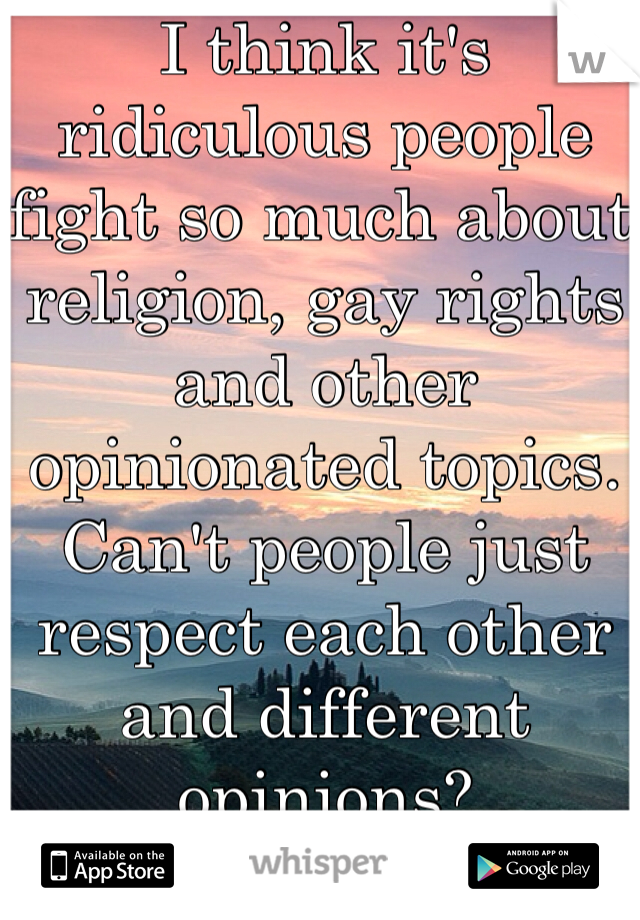 I think it's ridiculous people fight so much about religion, gay rights and other opinionated topics. Can't people just respect each other and different opinions? 
