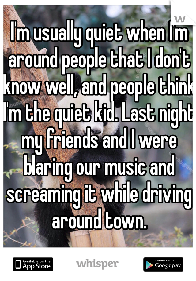I'm usually quiet when I'm around people that I don't know well, and people think I'm the quiet kid. Last night my friends and I were blaring our music and screaming it while driving around town.